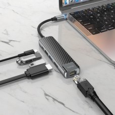 Адаптер hoco. HB23 Type-C многофункциональный (HDMI+USB3.0+USB2.0+RJ45+PD) металлический серый