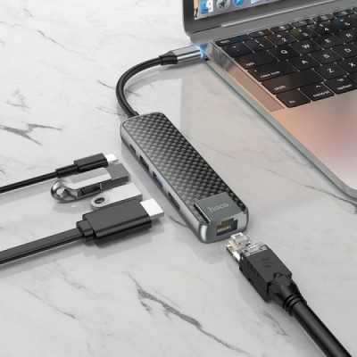 Адаптер hoco. HB23 Type-C многофункциональный (HDMI+USB3.0+USB2.0+RJ45+PD) металлический серый