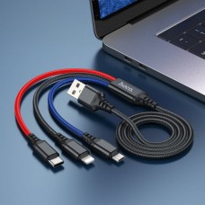 Кабель hoco. X76 3-в-1 (iP+Type-C+Micro) черный/красный/синий