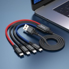 Кабель hoco. X76 4-в-1 (iP+iP+Type-C+Micro) черный/красный/синий