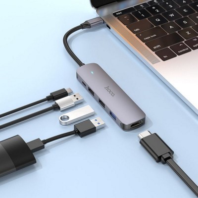 Конвертер hoco. HB27 Type-C (HDTV+USB3.0+USB2.0*2+PD) металлический серый